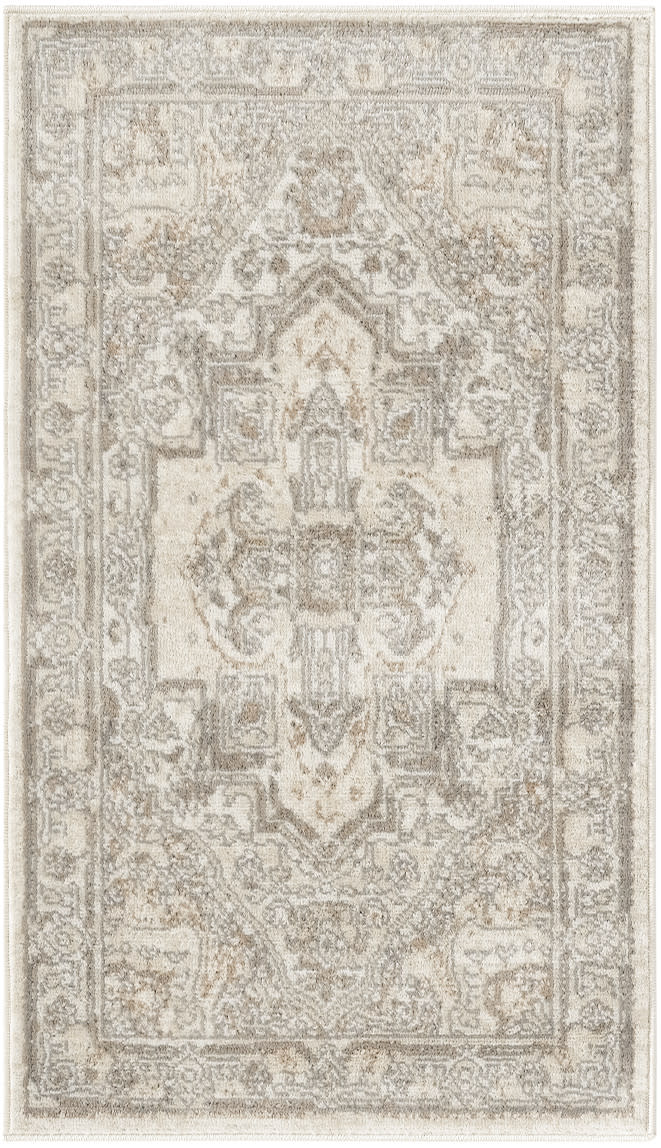 Rectangular beige distressed Persian-style rug with ivory and gray ornate central medallion and bordered pattern.
