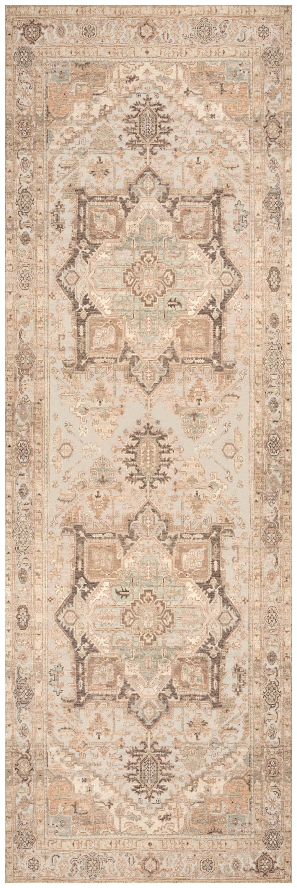 Beige oriental rug runner with repeating geometric medallions in taupe & brown, floral borders, vintage ivory tones.