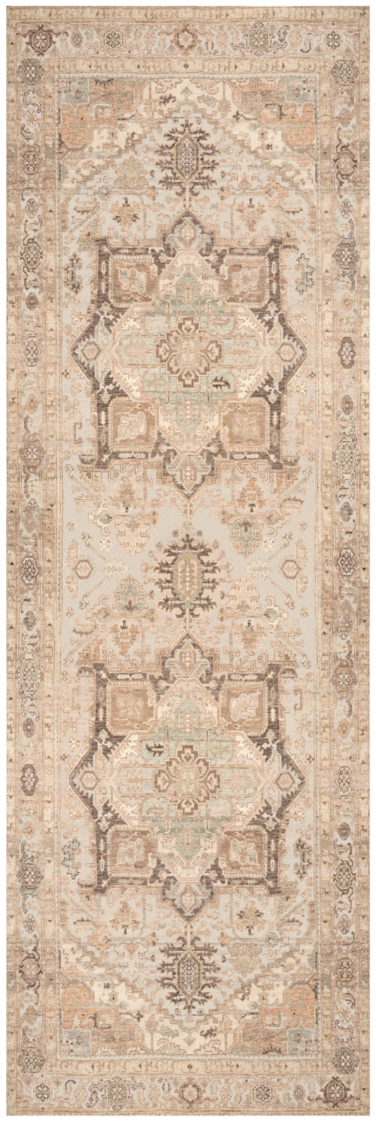Beige oriental rug runner with repeating geometric medallions in taupe & brown, floral borders, vintage ivory tones.