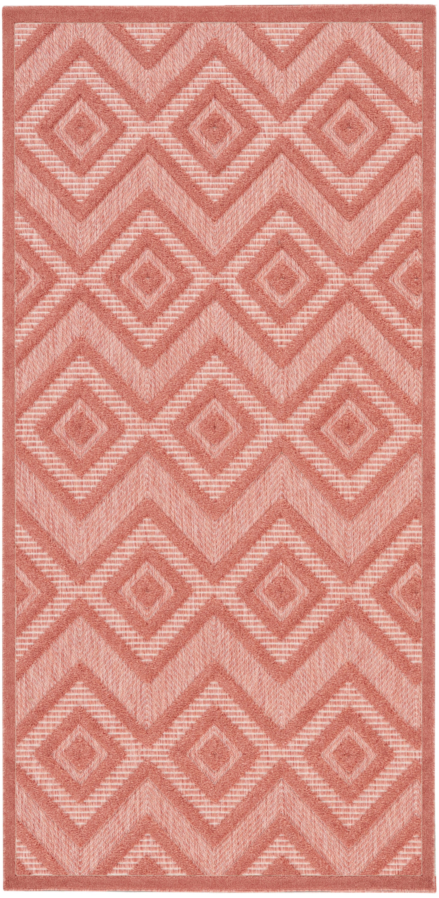 Peach geometric area rug with diamond motifs in layered chevrons; soft woven texture, rectangular shape, modern boho style.