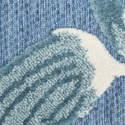 Outdoor blue-teal rug with a white edge on a textured blue backdrop; 4' x 6'.