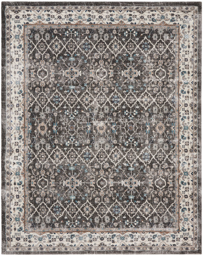 Rectangular Persian-style area rug with dark brown field, ivory lattice floral pattern and light blue accents, beige border, 8' x 10'.