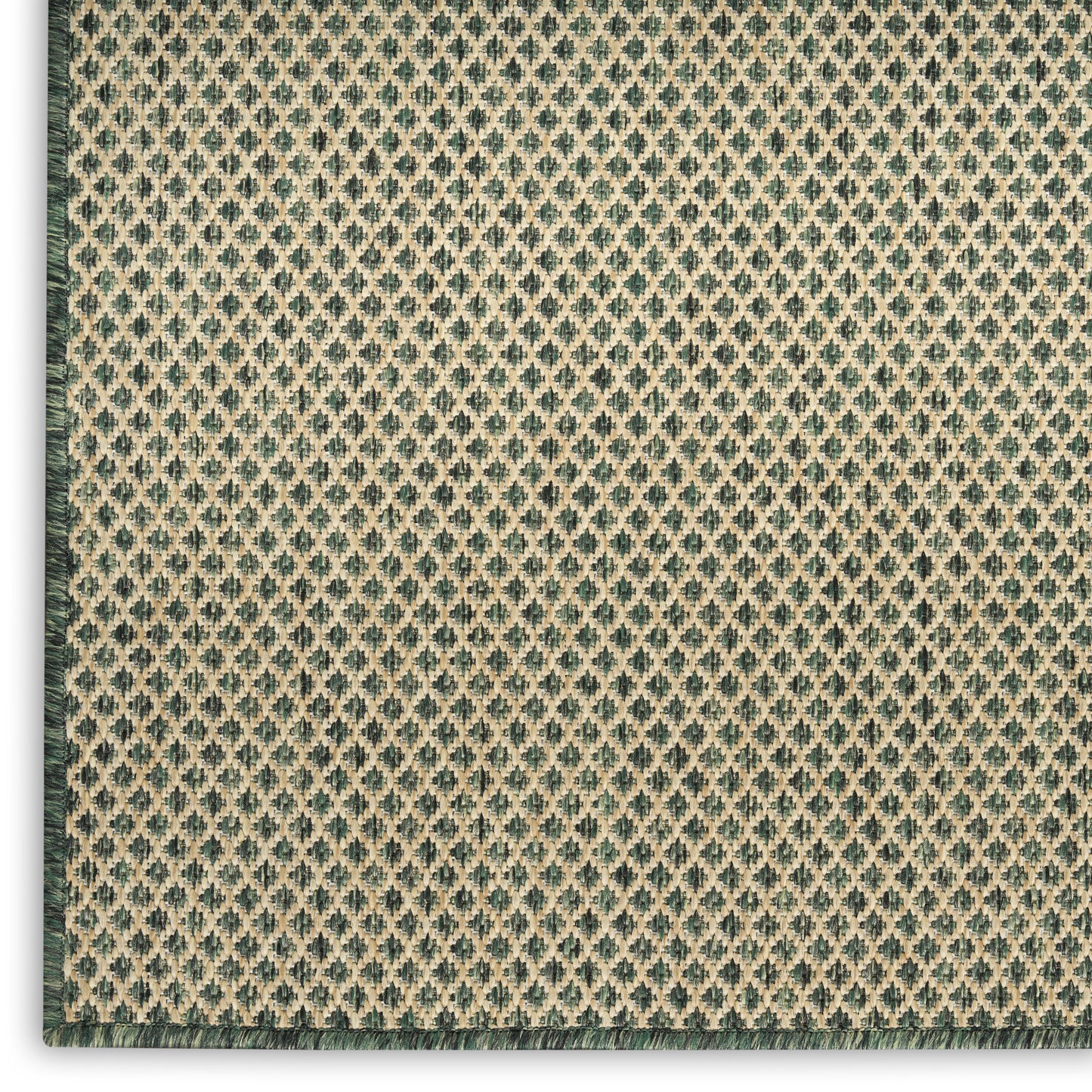 Beige woven textile with emerald green diamond lattice pattern and dark green edge.