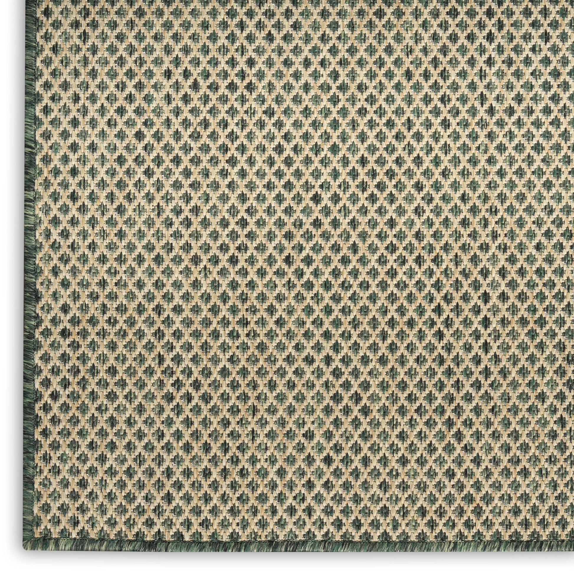 Beige woven textile with emerald green diamond lattice pattern and dark green edge.
