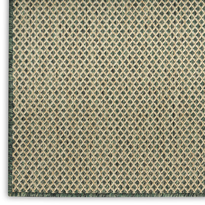 Beige woven textile with emerald green diamond lattice pattern and dark green edge.