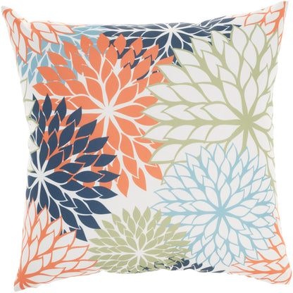 Decorative square throw pillow with layered chrysanthemum florals in navy, coral, pale green and light blue.