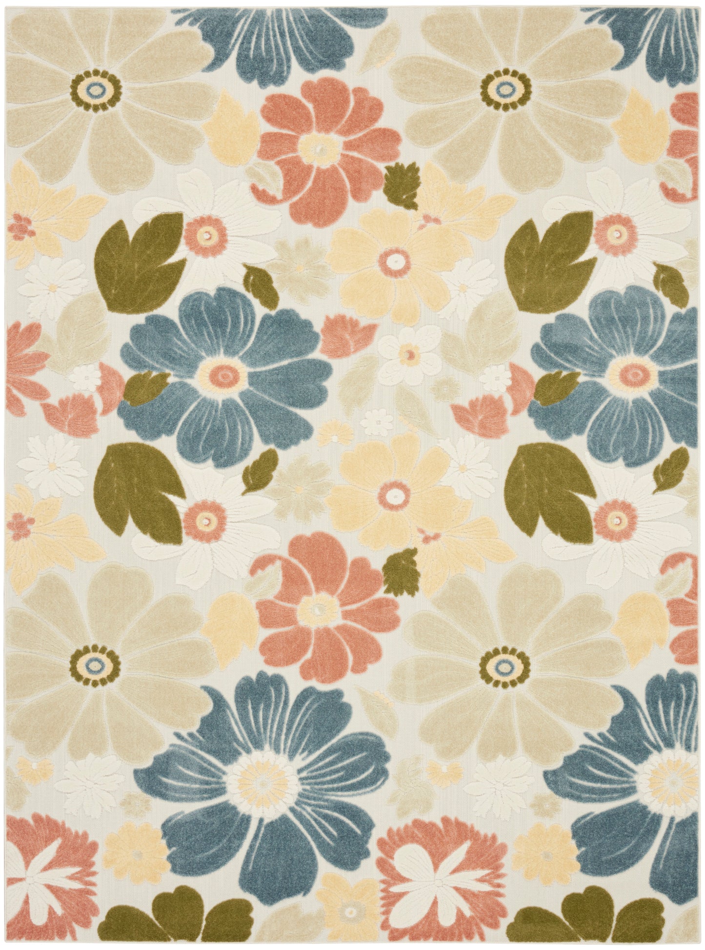 Floral area rug with large pastel blue, beige, coral and yellow blooms and olive leaves on cream background.