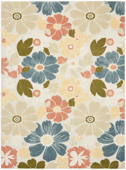 Floral area rug with large pastel blue, beige, coral and yellow blooms and olive leaves on cream background.