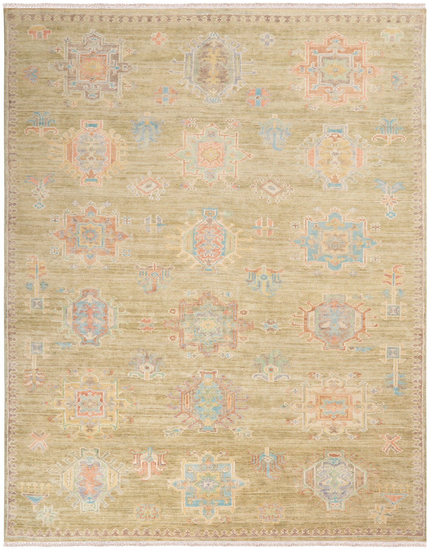 Beige oriental kilim rug with pastel geometric medallions in blue, pink, peach, mint; rectangular with fringe edges.