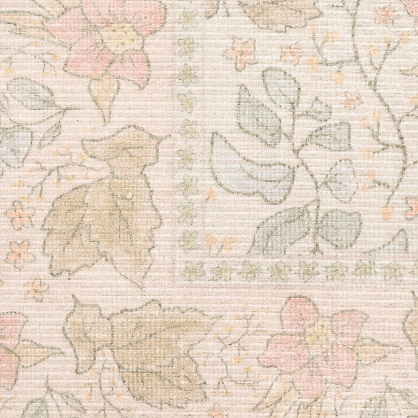 Pastel floral textile with beige, pale pink & sage green, vintage rug-like pattern for upholstery & decor.