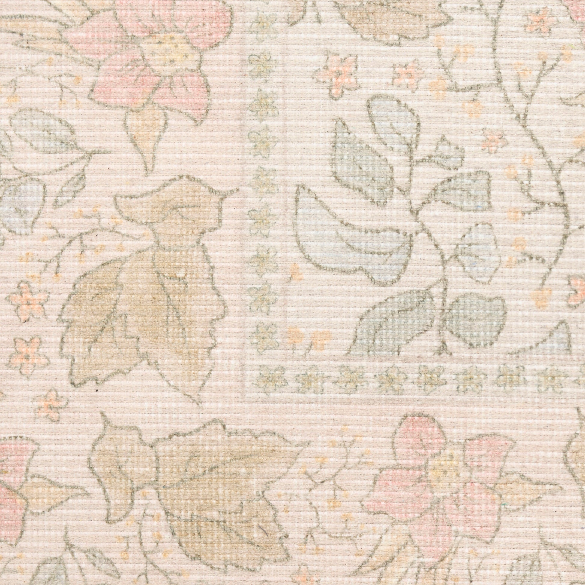 Pastel floral textile with beige, pale pink & sage green, vintage rug-like pattern for upholstery & decor.
