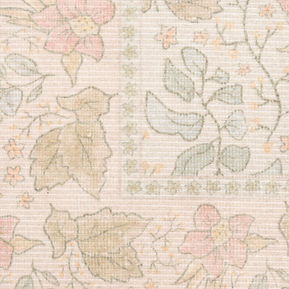 Pastel floral textile with beige, pale pink & sage green, vintage rug-like pattern for upholstery & decor.