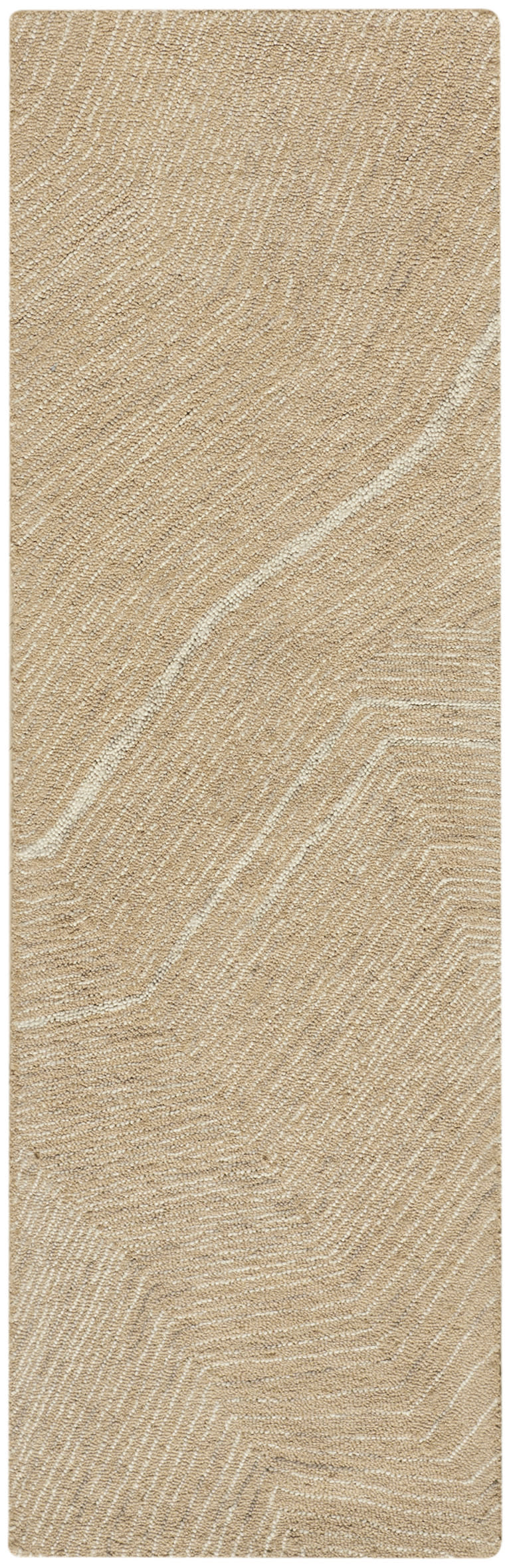 Beige rug with a subtle tan pattern and a diagonal white vein; modern runner.