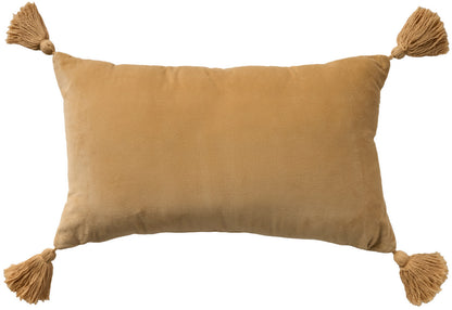Coral rectangular throw pillow with tassels on all four corners; plush velvet fabric, decorative sofa cushion.