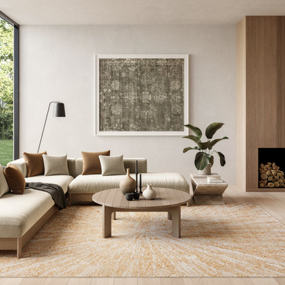 Neutral modern 8' x 10' rug in a living room scene with a beige sectional, round wooden coffee table, black arc lamp, plant, and framed abstract art.