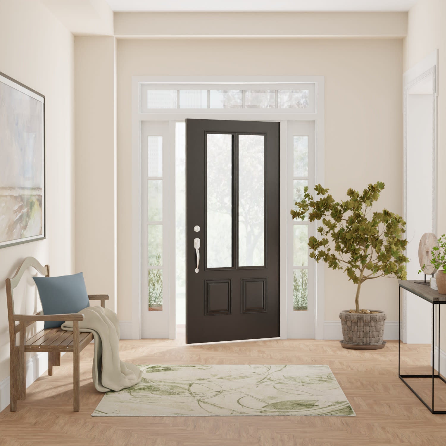 Green rug on the floor in a bright foyer, with a wooden bench, potted plant, and doorway in view.