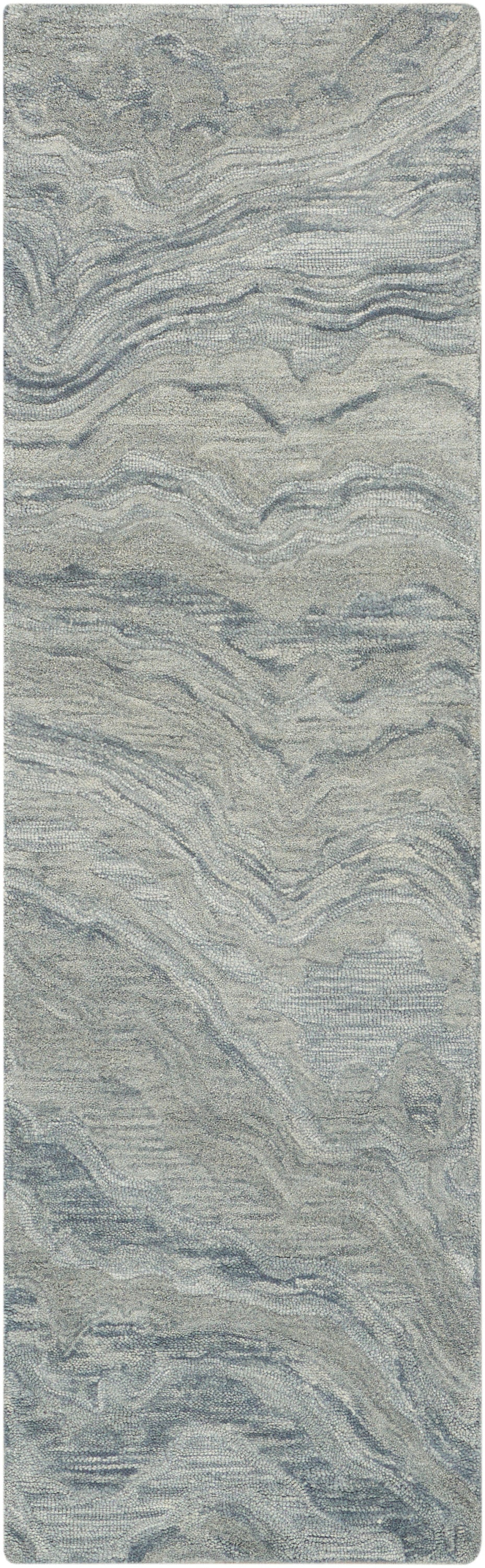 Soft gray-blue abstract-patterned rug runner with rounded corners and wavy textured loop pile.