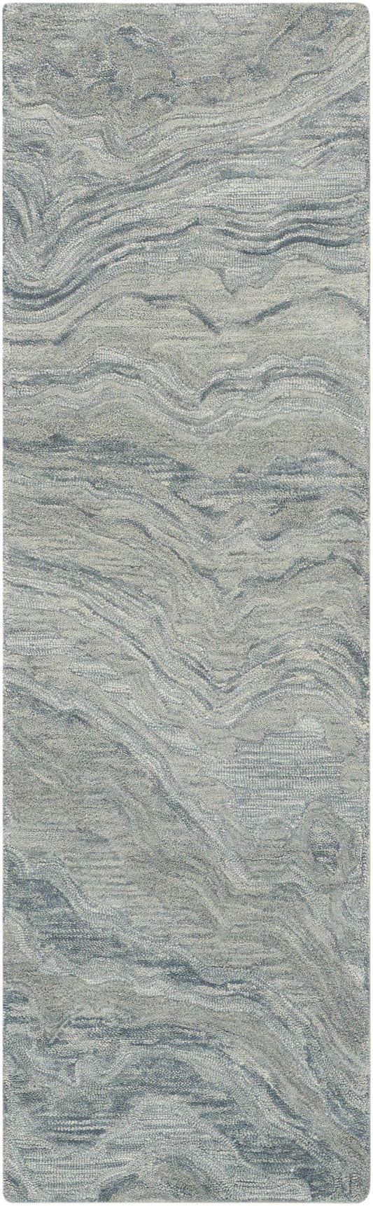 Soft gray-blue abstract-patterned rug runner with rounded corners and wavy textured loop pile.