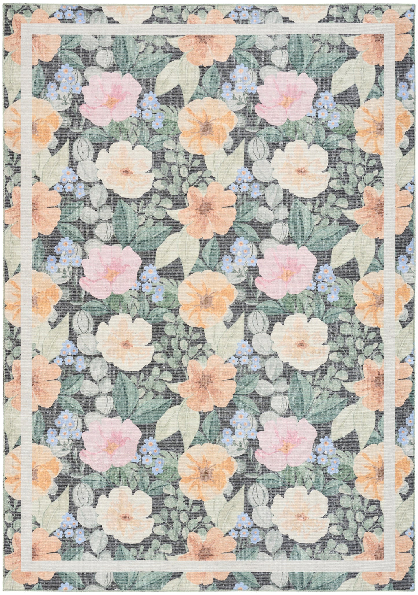 Pastel floral print on blue-green leaves, peach/pink/cream blooms, with peach and white framed border.
