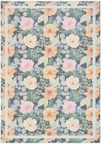 Pastel floral print on blue-green leaves, peach/pink/cream blooms, with peach and white framed border.