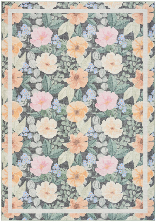 Pastel floral print on blue-green leaves, peach/pink/cream blooms, with peach and white framed border.
