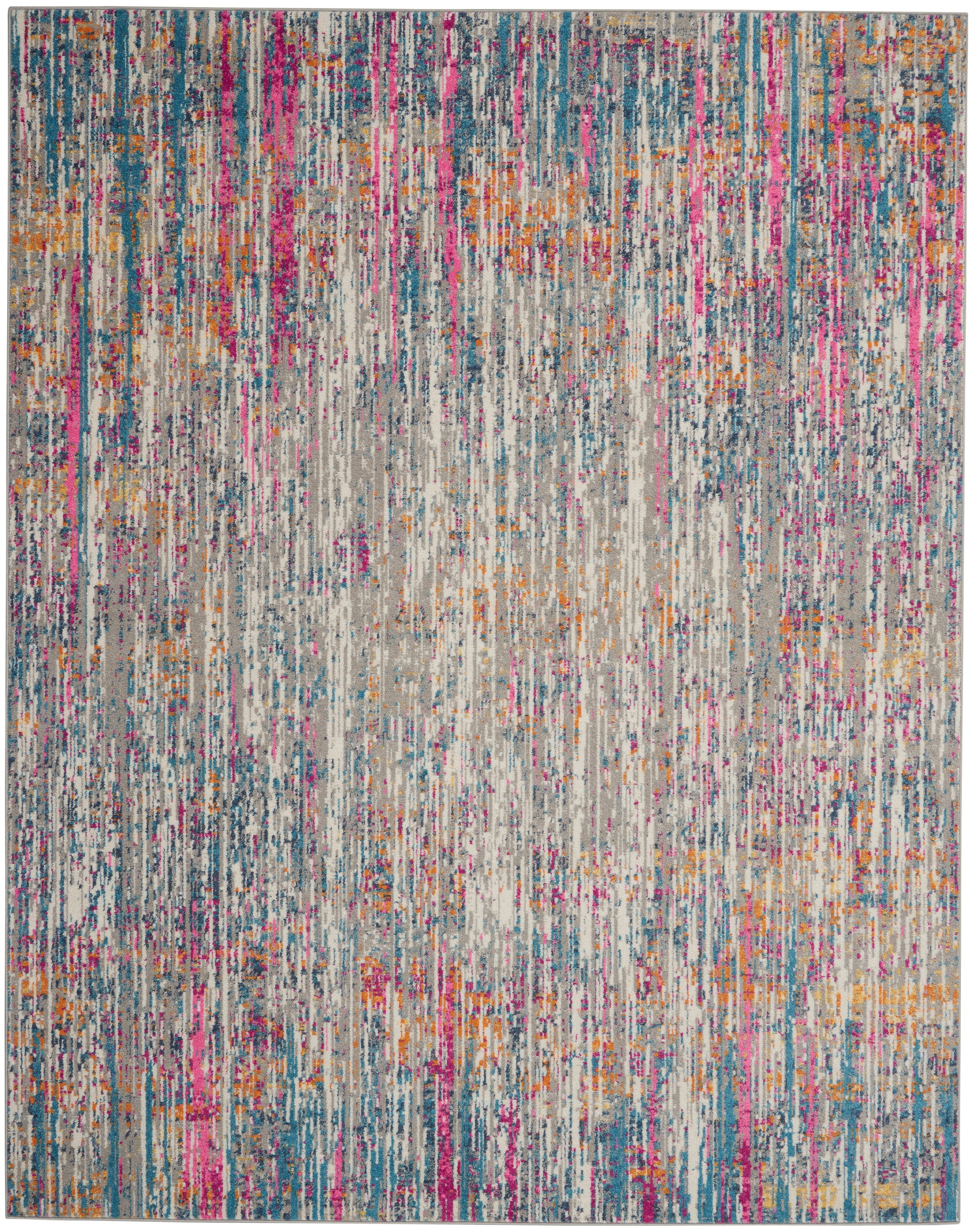 Abstract multicolor rug with gray base and vertical color streaks in pink, teal, orange, blue; modern distressed style.
