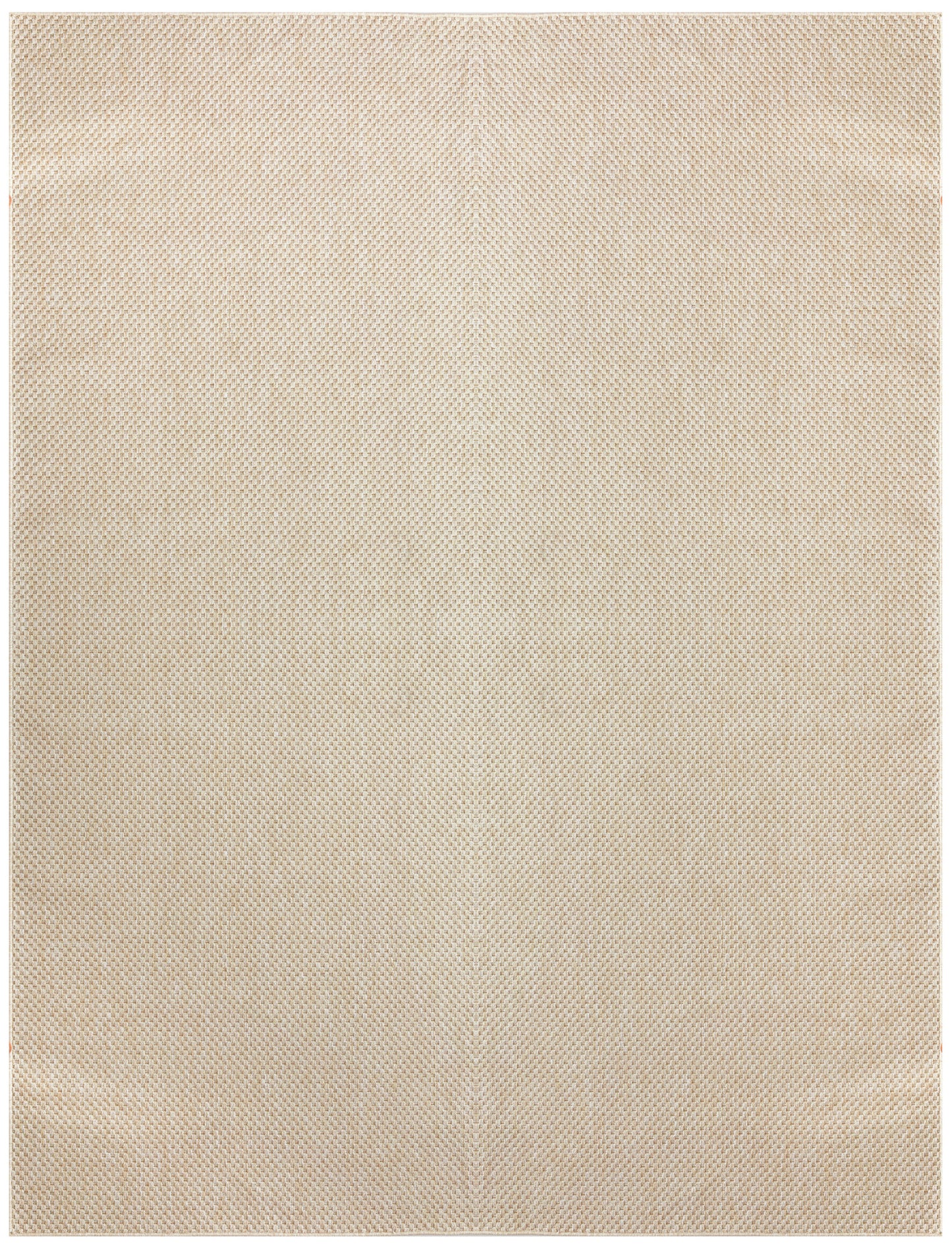 Beige outdoor rug with a tight, uniform weave and subtle texture, 10' x 14'.