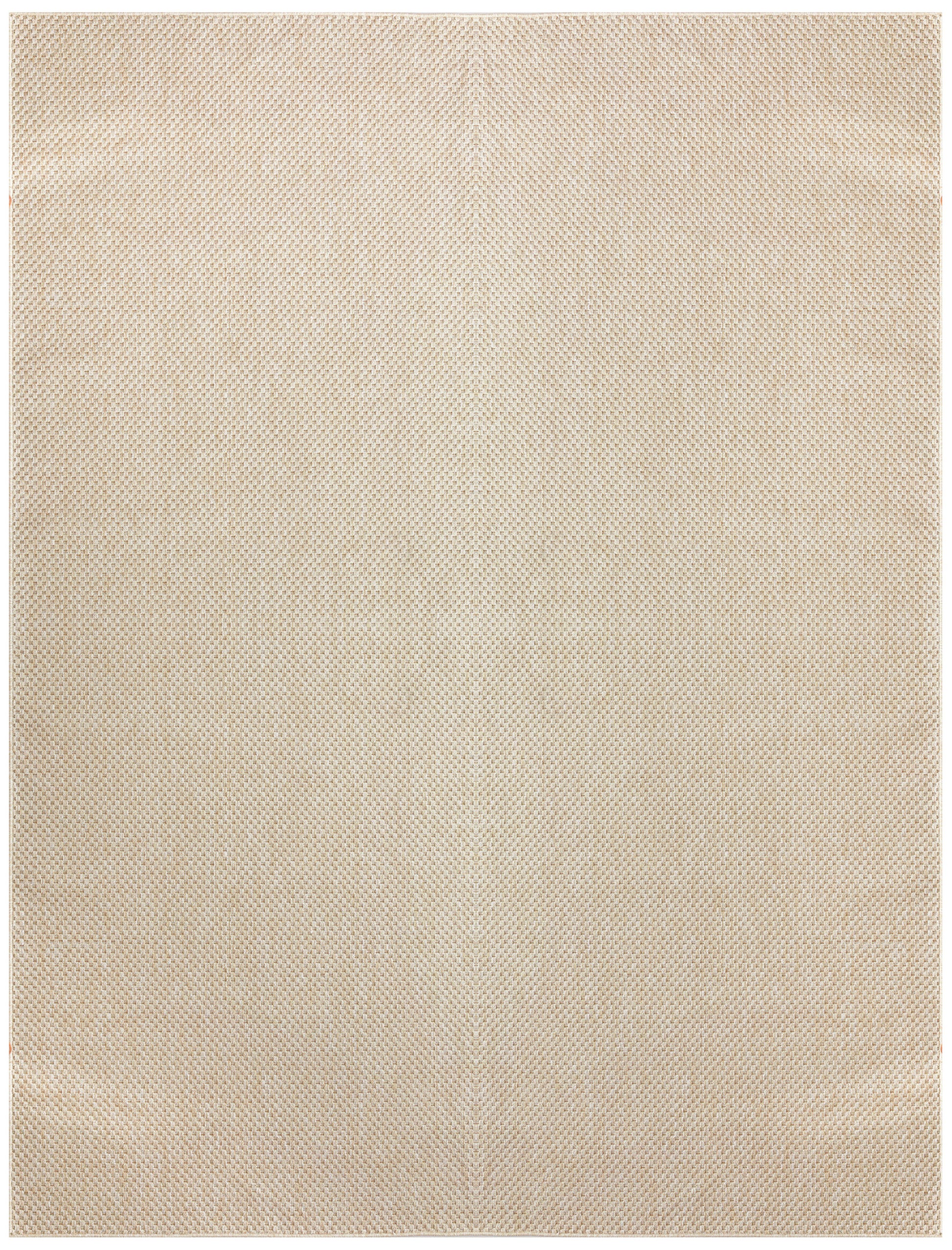 Beige outdoor rug with a tight, uniform weave and subtle texture, 10' x 14'.