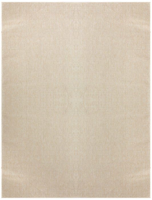 Beige outdoor rug with a tight, uniform weave and subtle texture, 10' x 14'.