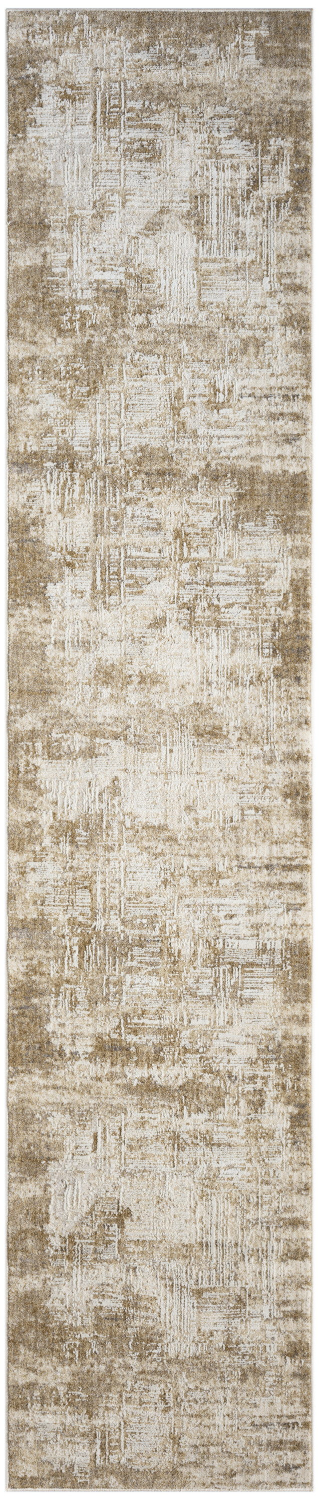 Neutral beige-toned abstract-patterned runner rug with distressed texture and cream ivory accents.