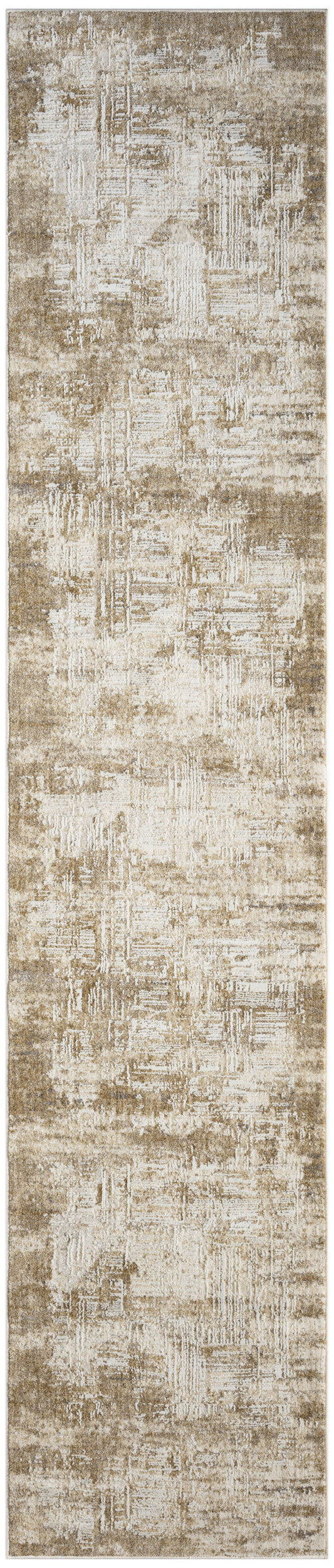 Neutral beige-toned abstract-patterned runner rug with distressed texture and cream ivory accents.