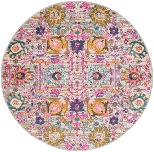 Round rug featuring a vibrant Persian-style floral pattern in pink, teal, orange on a beige background.
