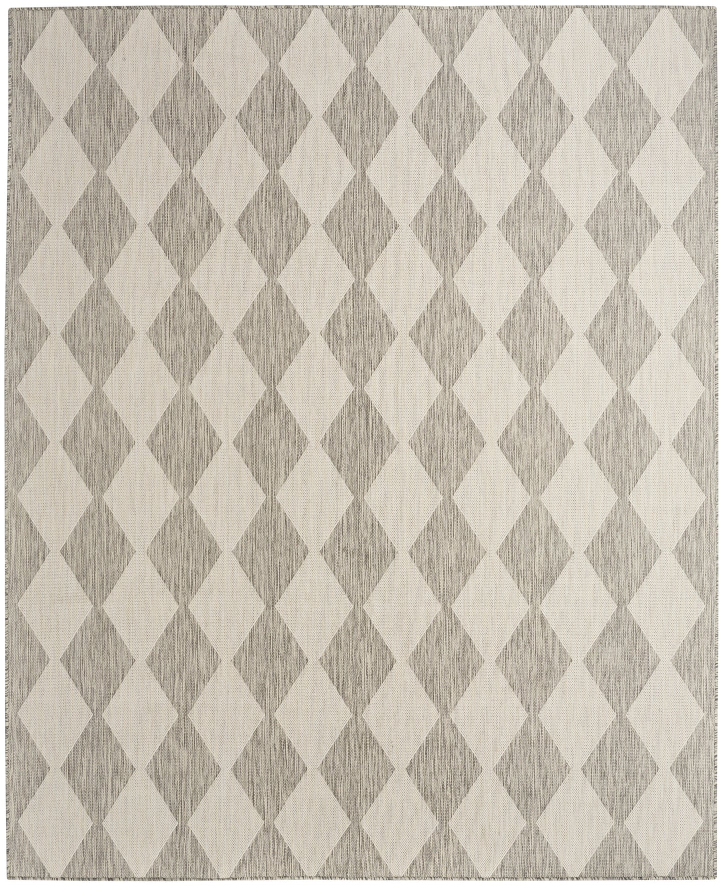 Rectangular area rug featuring alternating light beige & gray diamonds in a textured woven pattern.