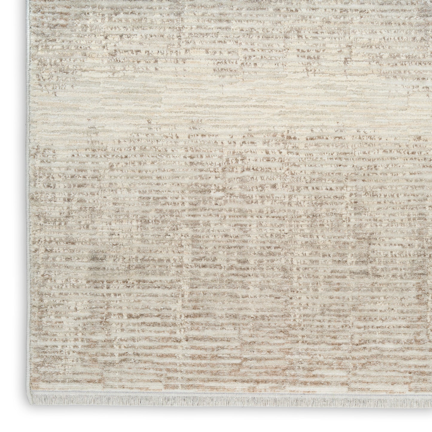 Beige distressed-pattern area rug with a soft texture and fringe trim along the edges.