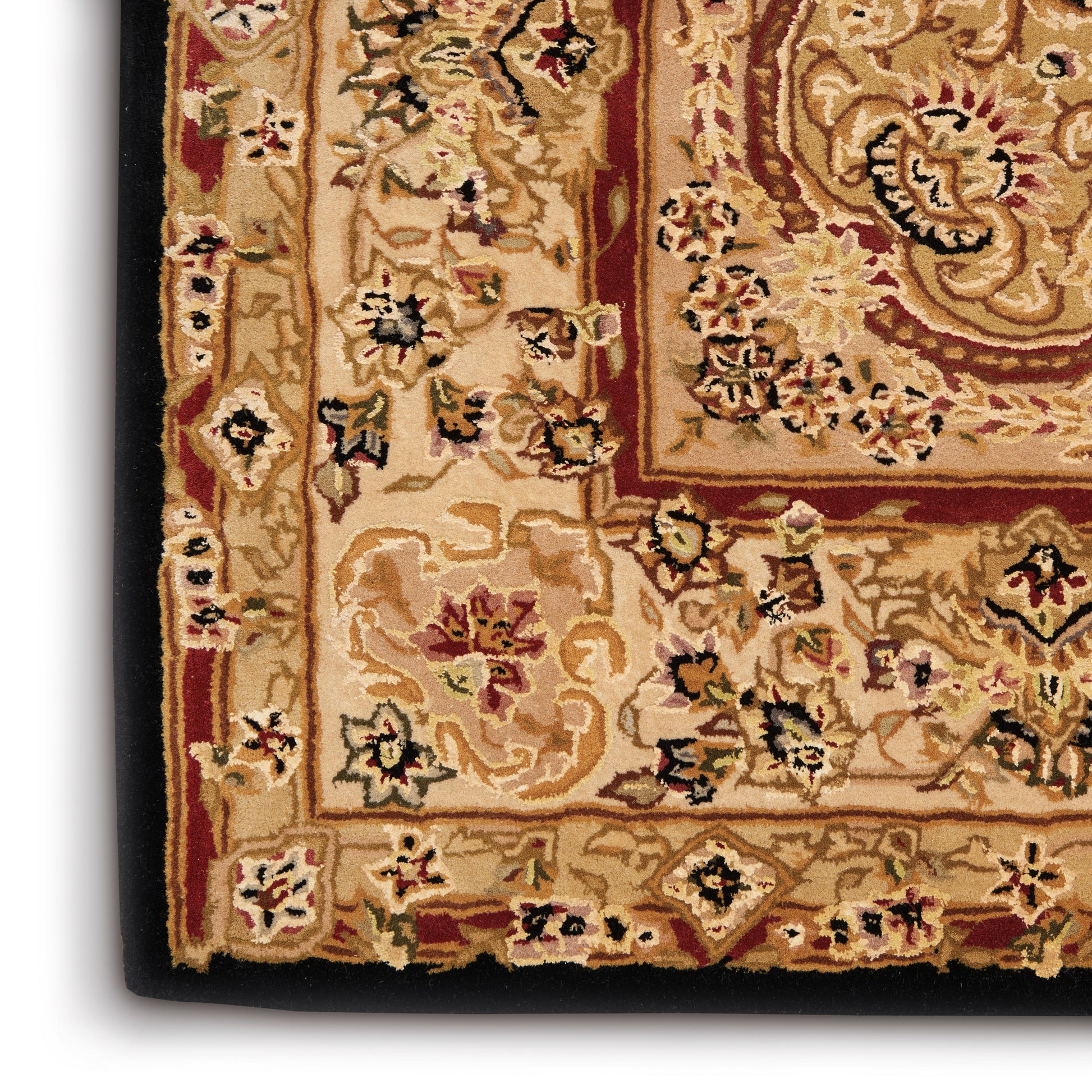 Corner view of an ornate beige oriental rug with burgundy border & gold accents and intricate floral patterns.