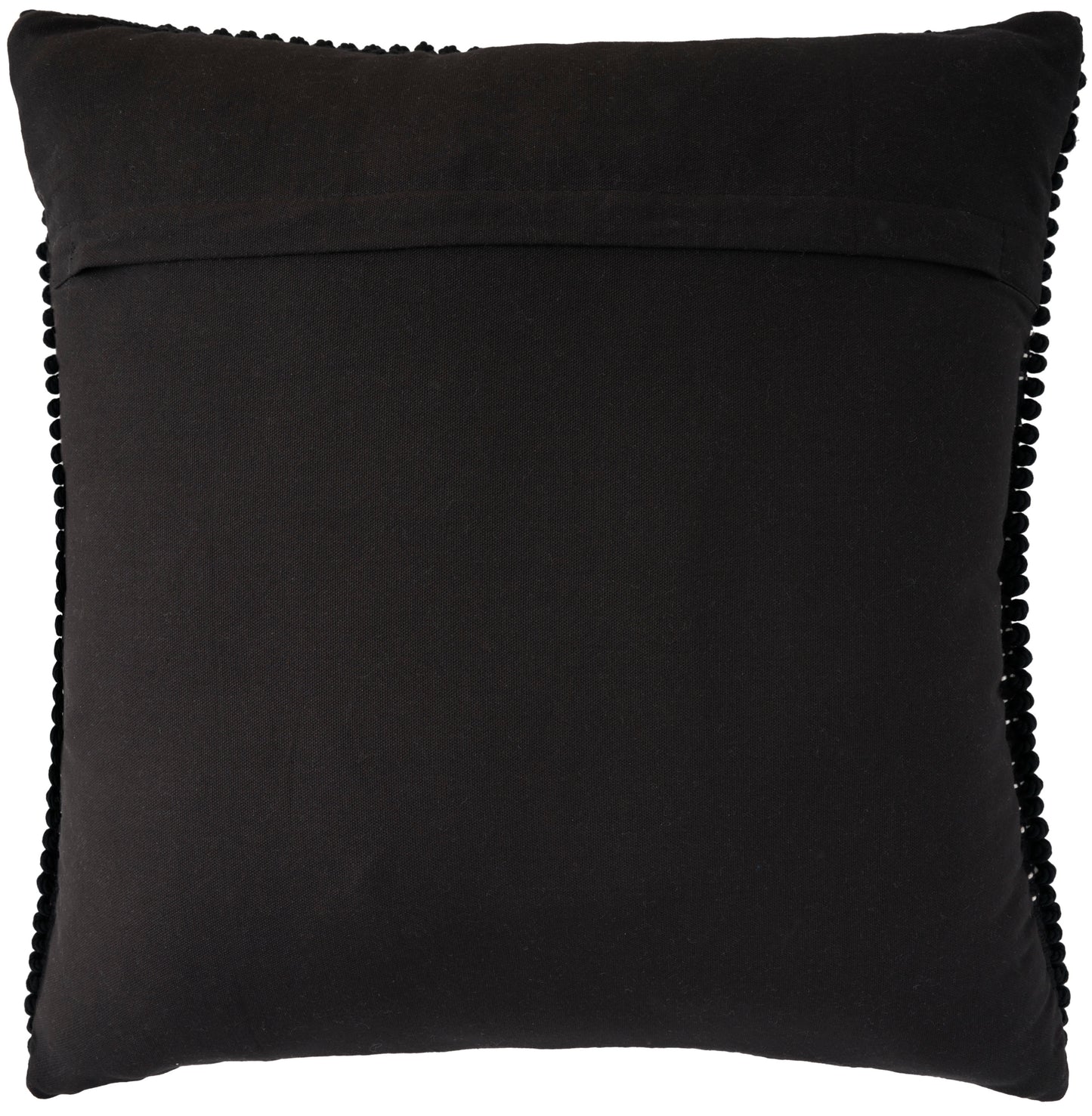 Black velvet square throw pillow with pom-pom trim along all edges.