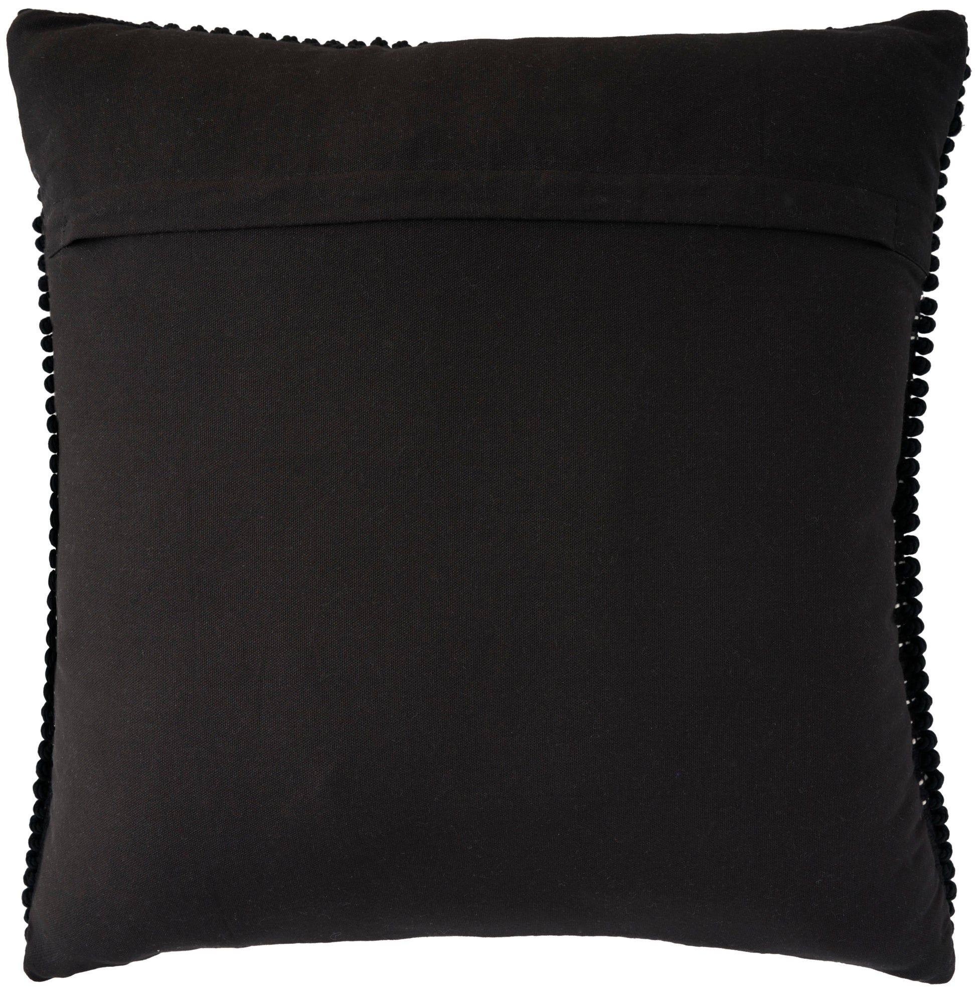 Black velvet square throw pillow with pom-pom trim along all edges.