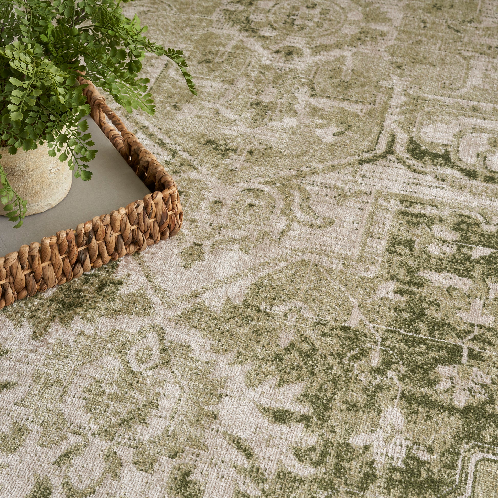 Green & beige vintage-style oriental rug with a woven rattan tray & potted greenery