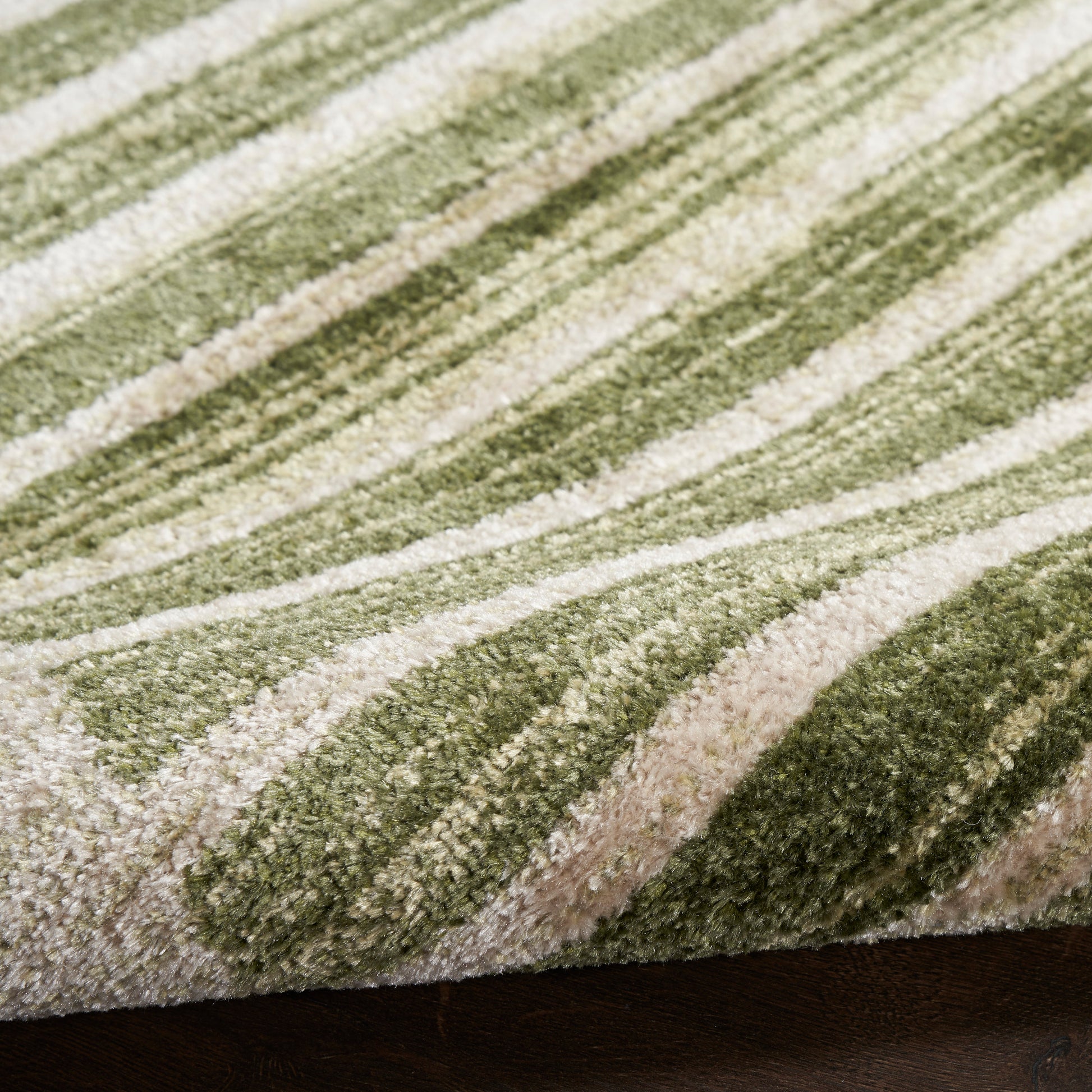 Close-up of a green & beige striped area rug with plush tufted pile on a dark wood floor.