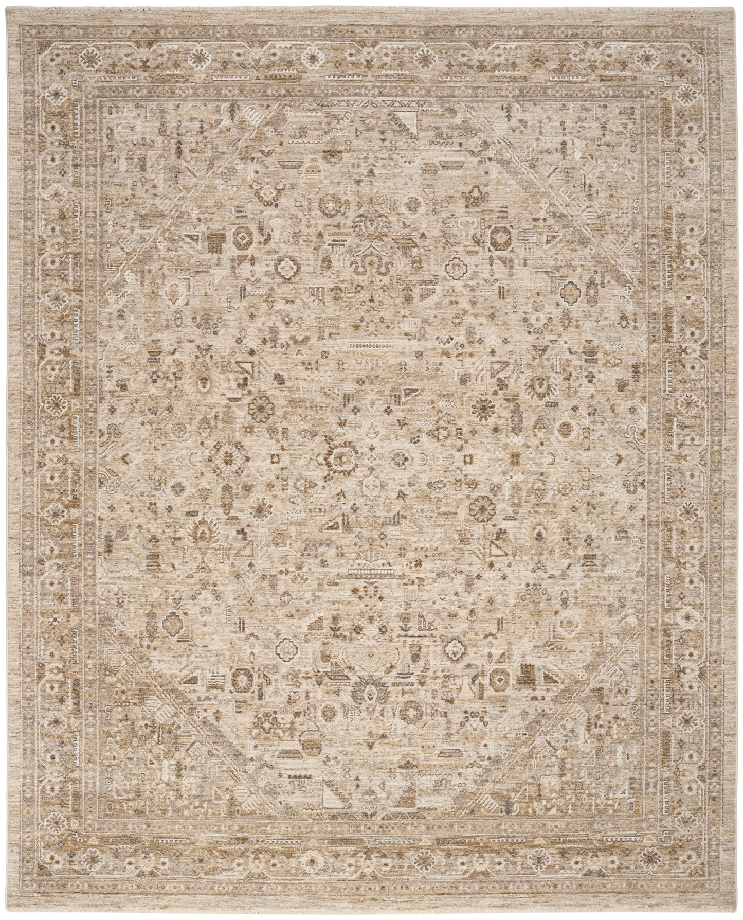 Cream-beige distressed oriental rug with faded floral medallion, ornate border and vintage-look weave.