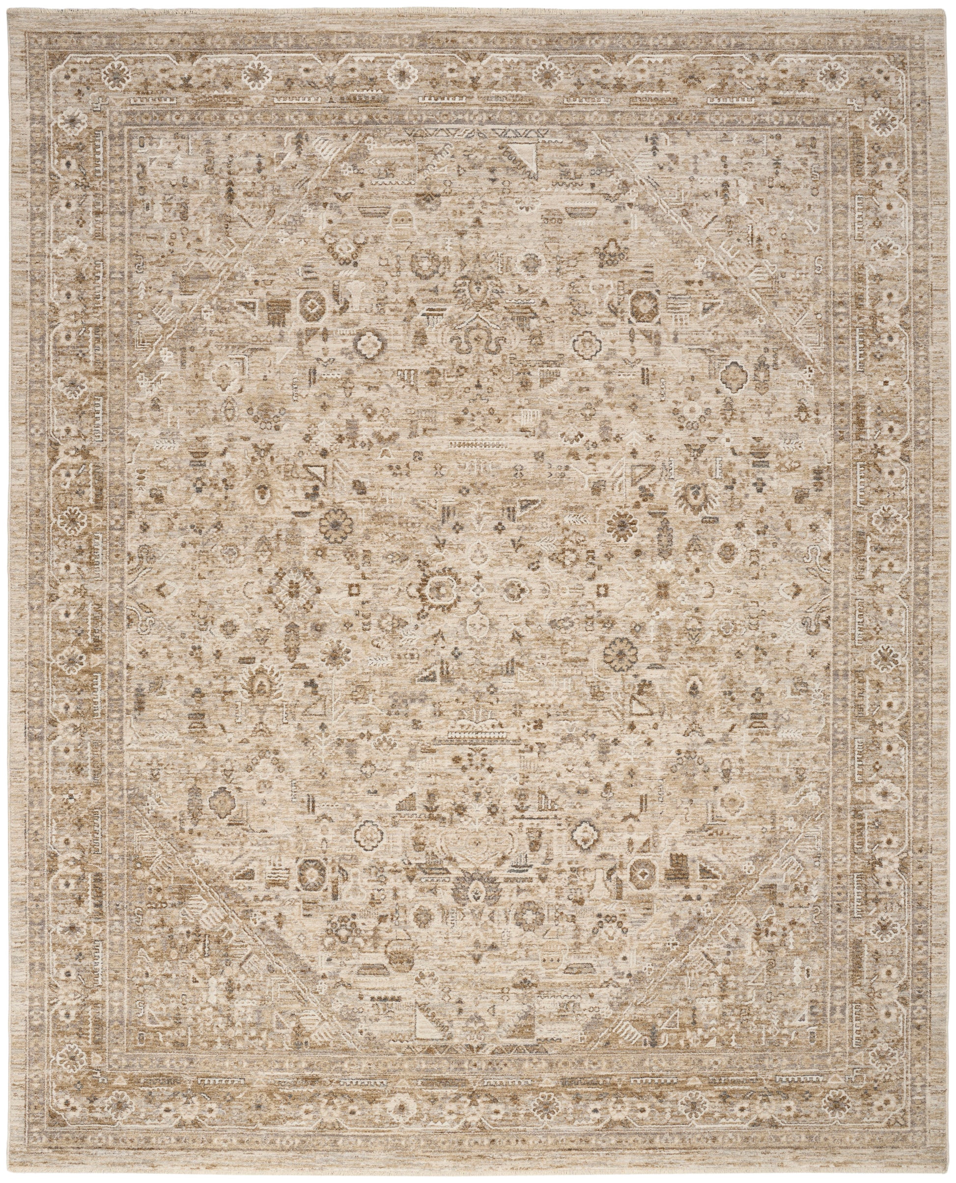 Cream-beige distressed oriental rug with faded floral medallion, ornate border and vintage-look weave.