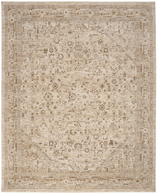 Cream-beige distressed oriental rug with faded floral medallion, ornate border and vintage-look weave.