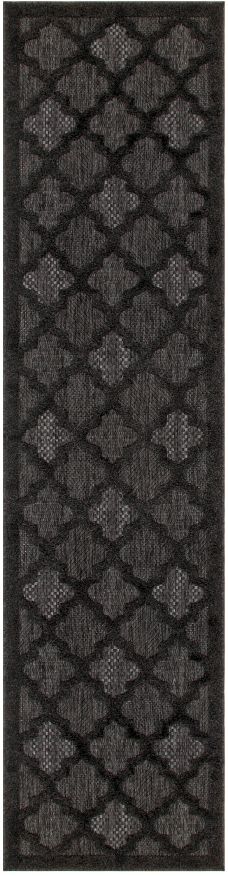 Charcoal rug runner with raised quatrefoil lattice pattern and bordered edges.