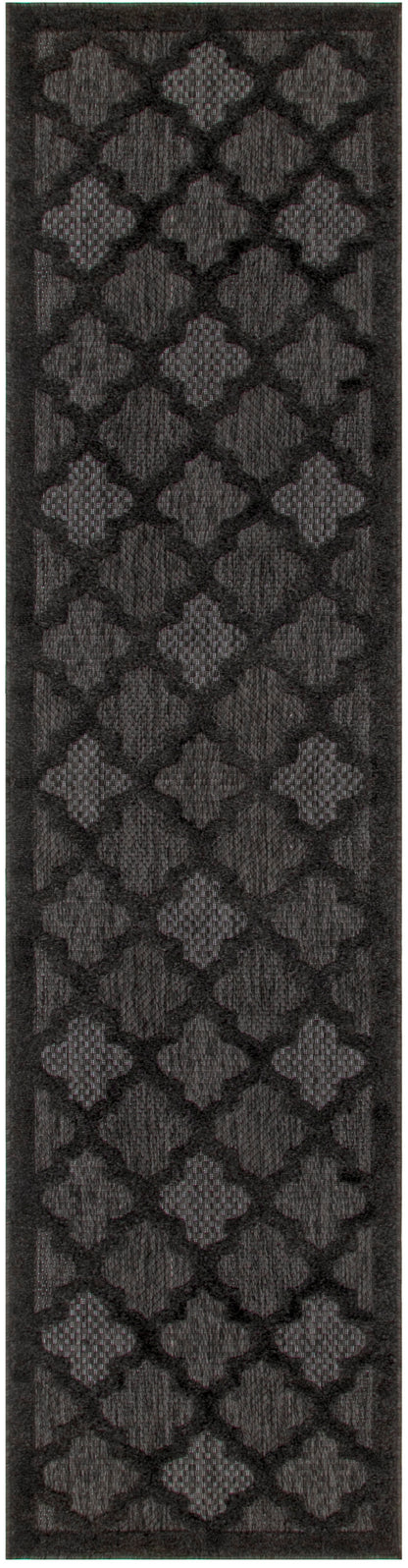 Charcoal rug runner with raised quatrefoil lattice pattern and bordered edges.