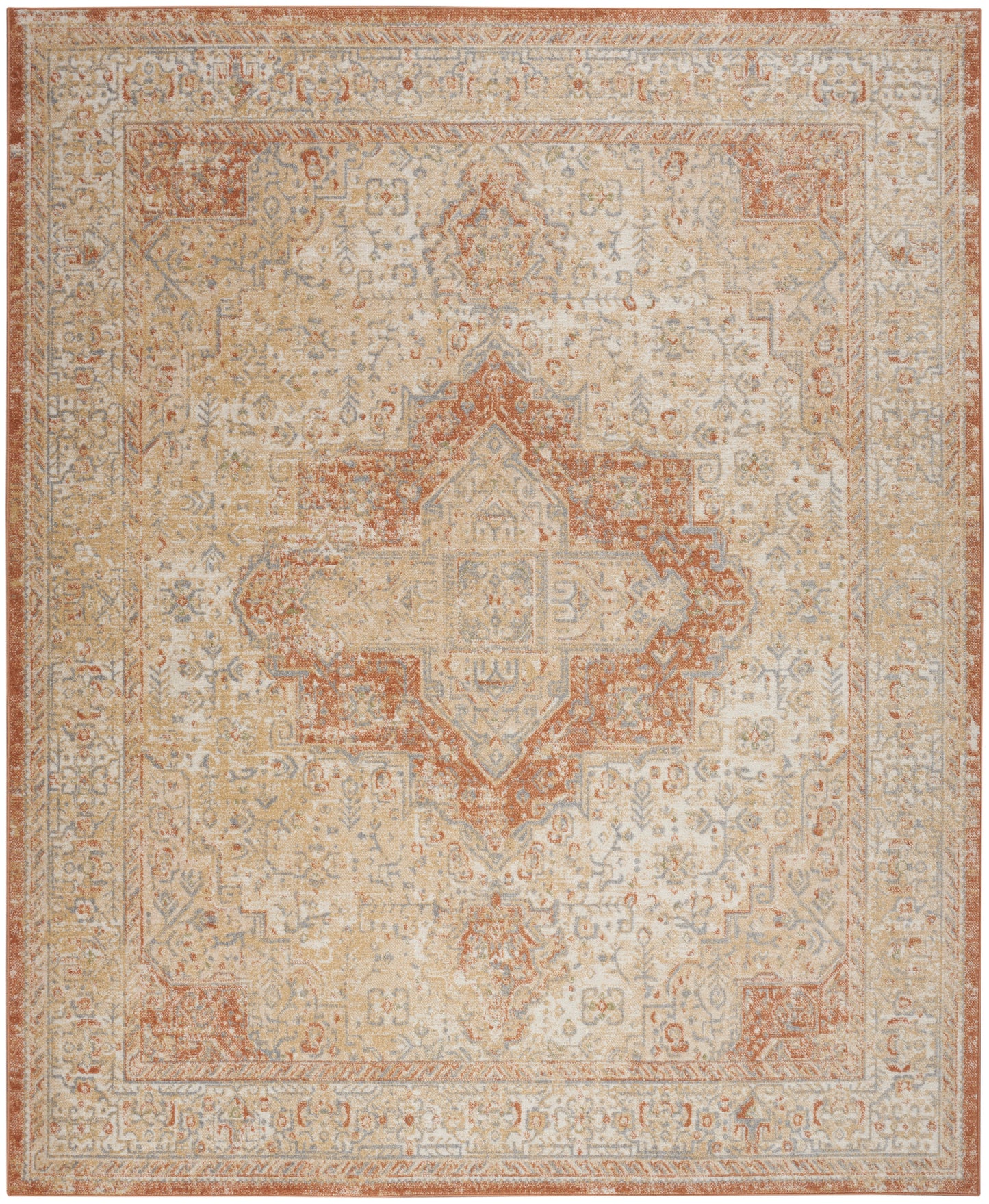 Distressed cream Oriental rug with rust geometric medallion and blue accents; vintage Persian-inspired design.