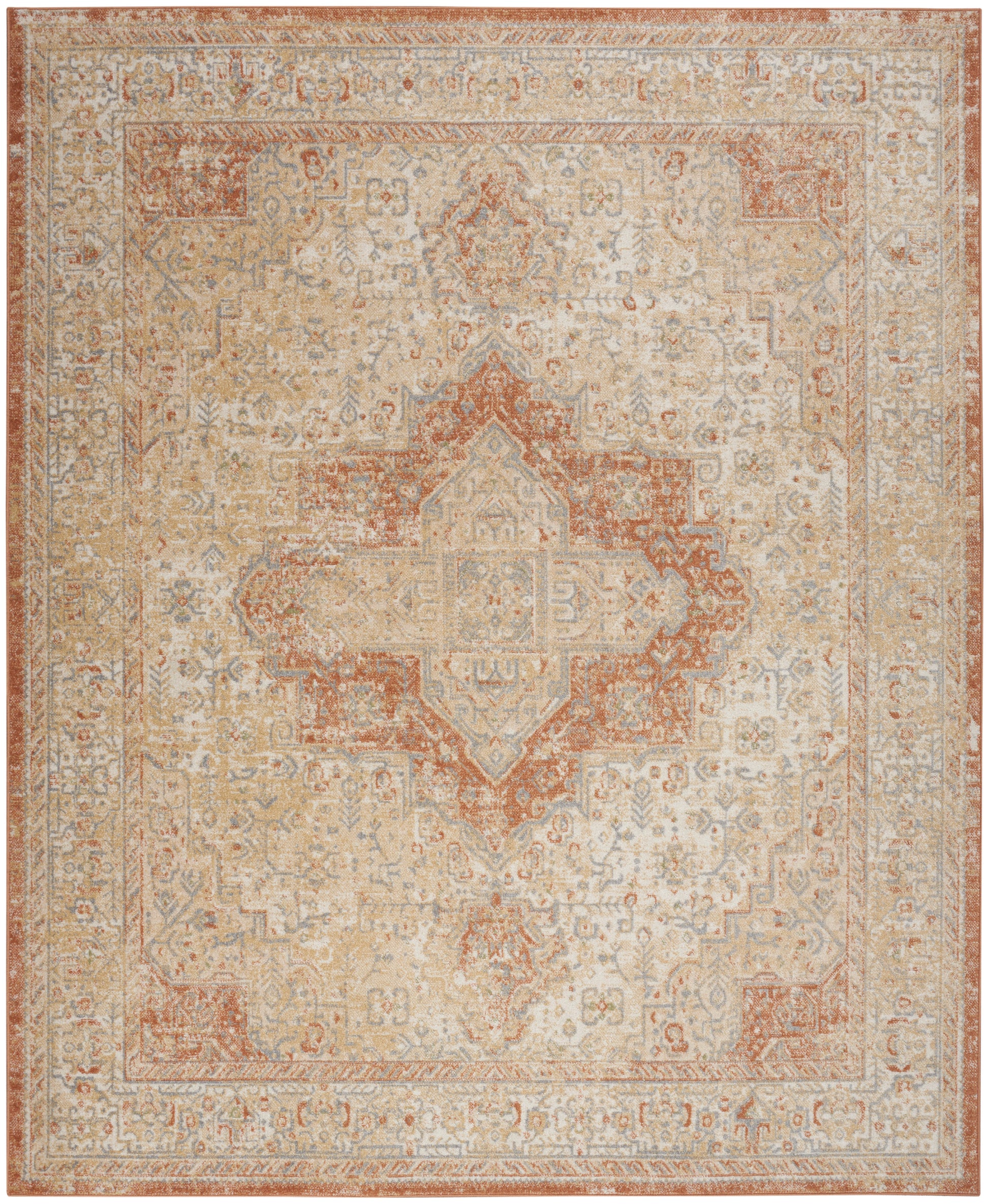 Distressed cream Oriental rug with rust geometric medallion and blue accents; vintage Persian-inspired design.