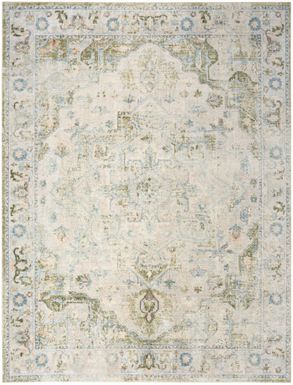 Distressed vintage-style oriental rug with ivory field, central medallion, and pale blue floral border.
