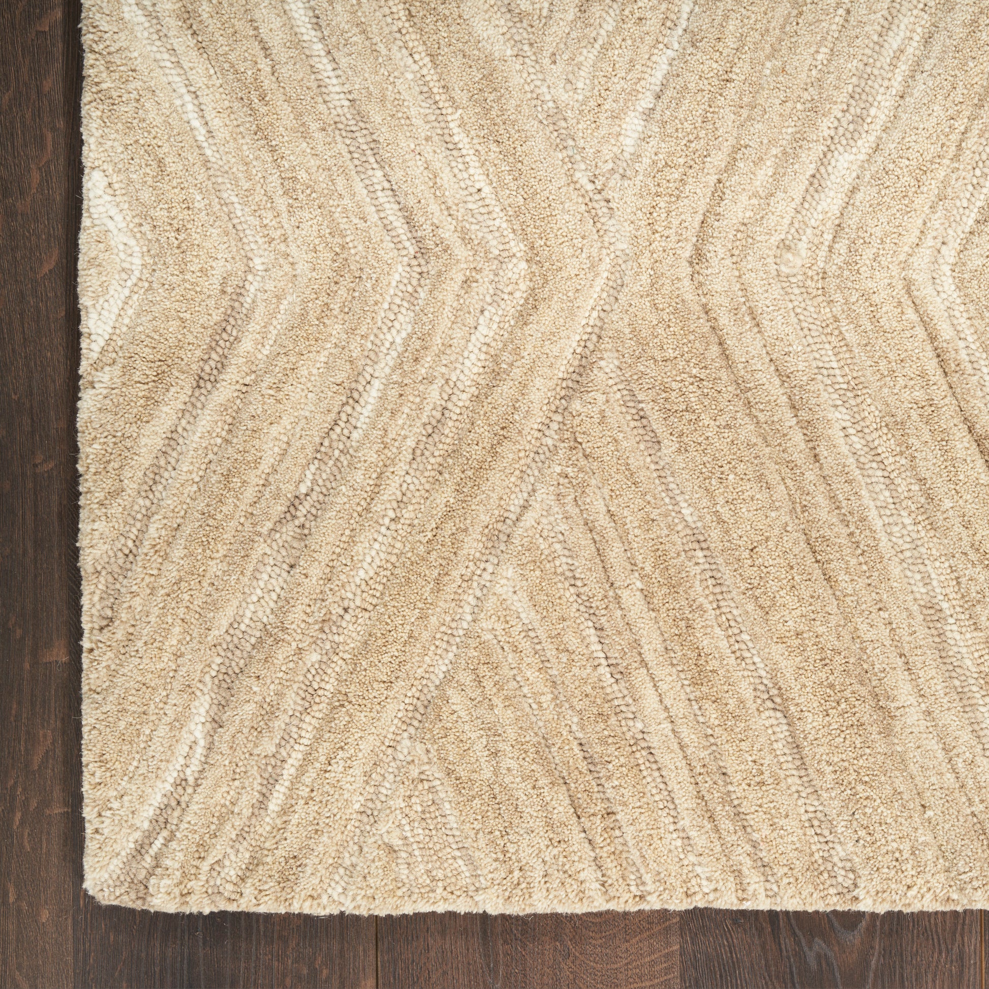Beige textured rug with a chevron pattern on a dark wooden floor; light tan, soft pile.