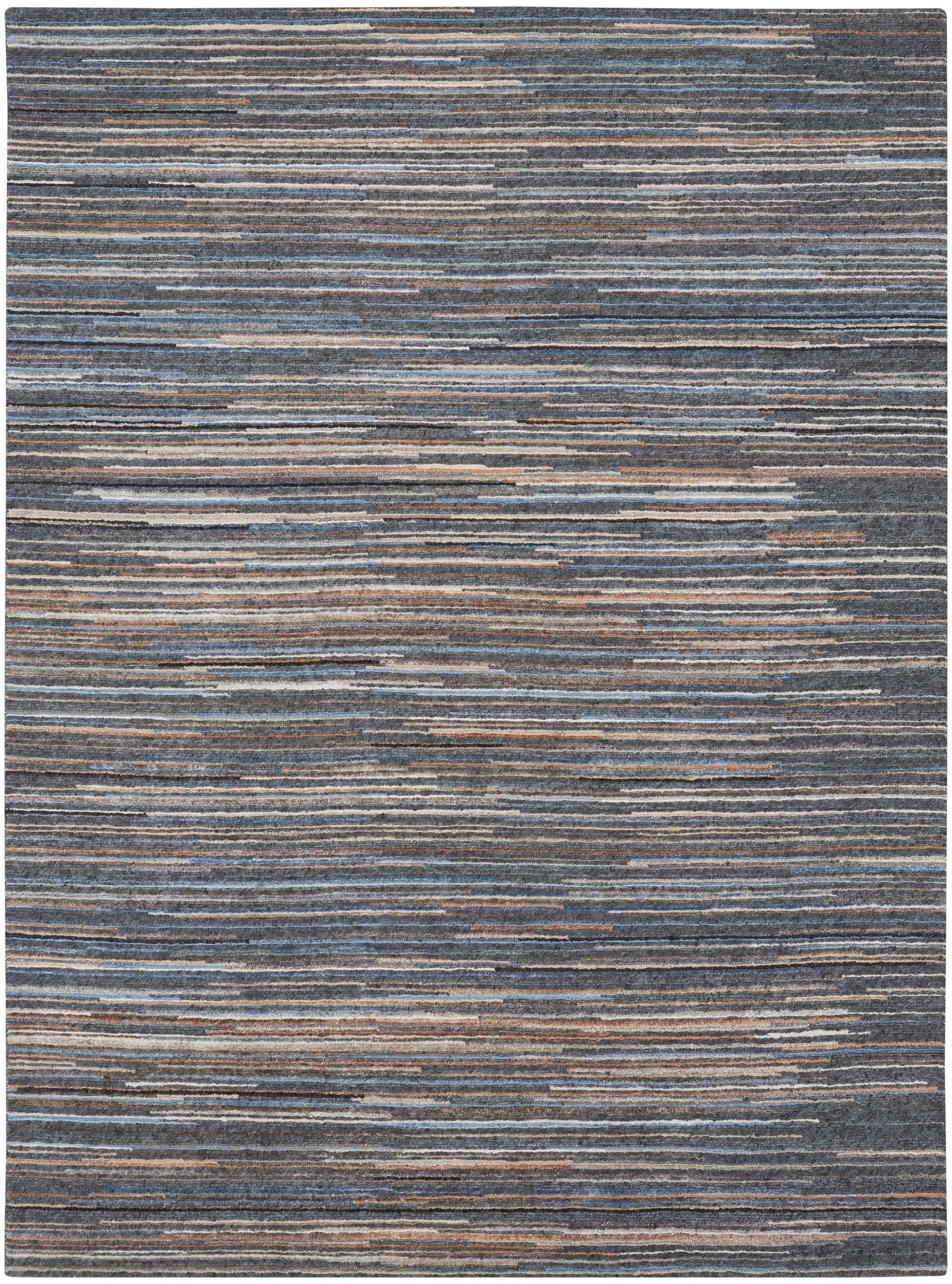 Rectangular rug featuring blue-gray, tan and beige irregular horizontal stripes in a modern abstract pattern.