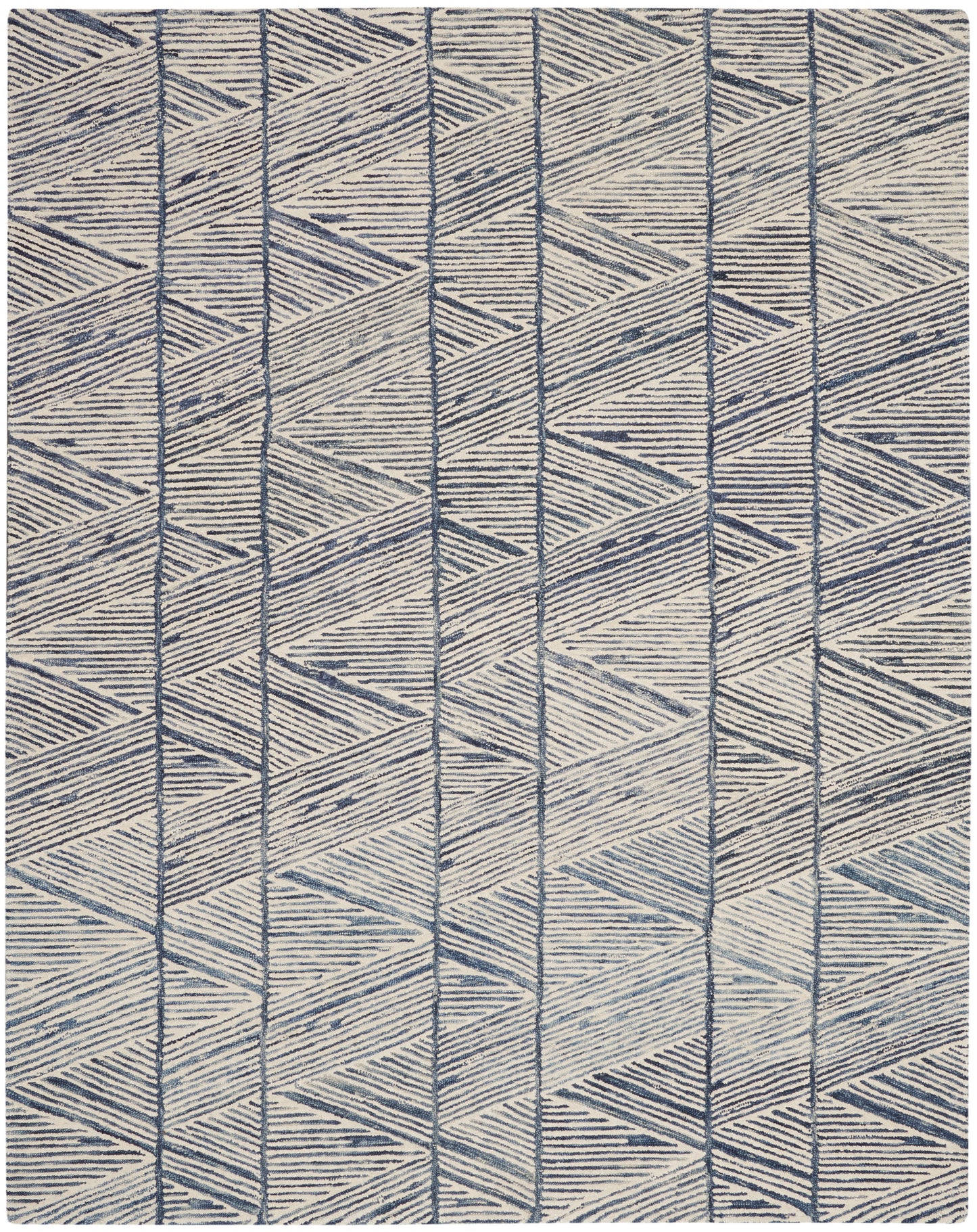 Navy and beige geometric rug with vertical lines and chevron triangles in a modern rectangular design.